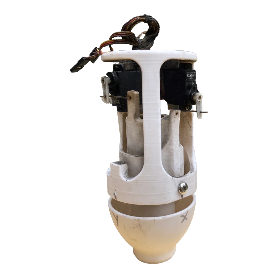 The A5 Compact TVC, with a white protective shield over the gimbal joints