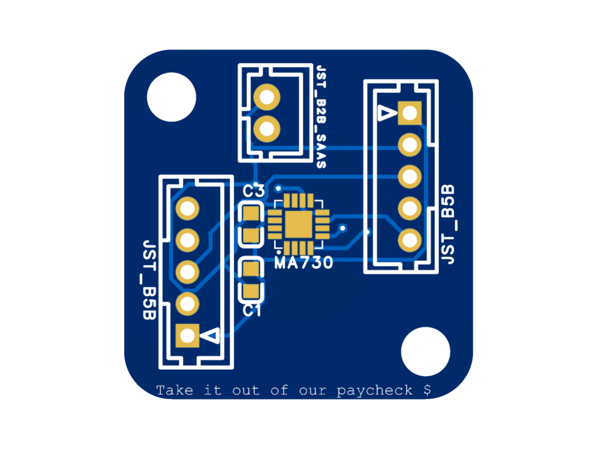 Layout of the small encoder board, an MA730 magnetic angle sensor between two JST connectors