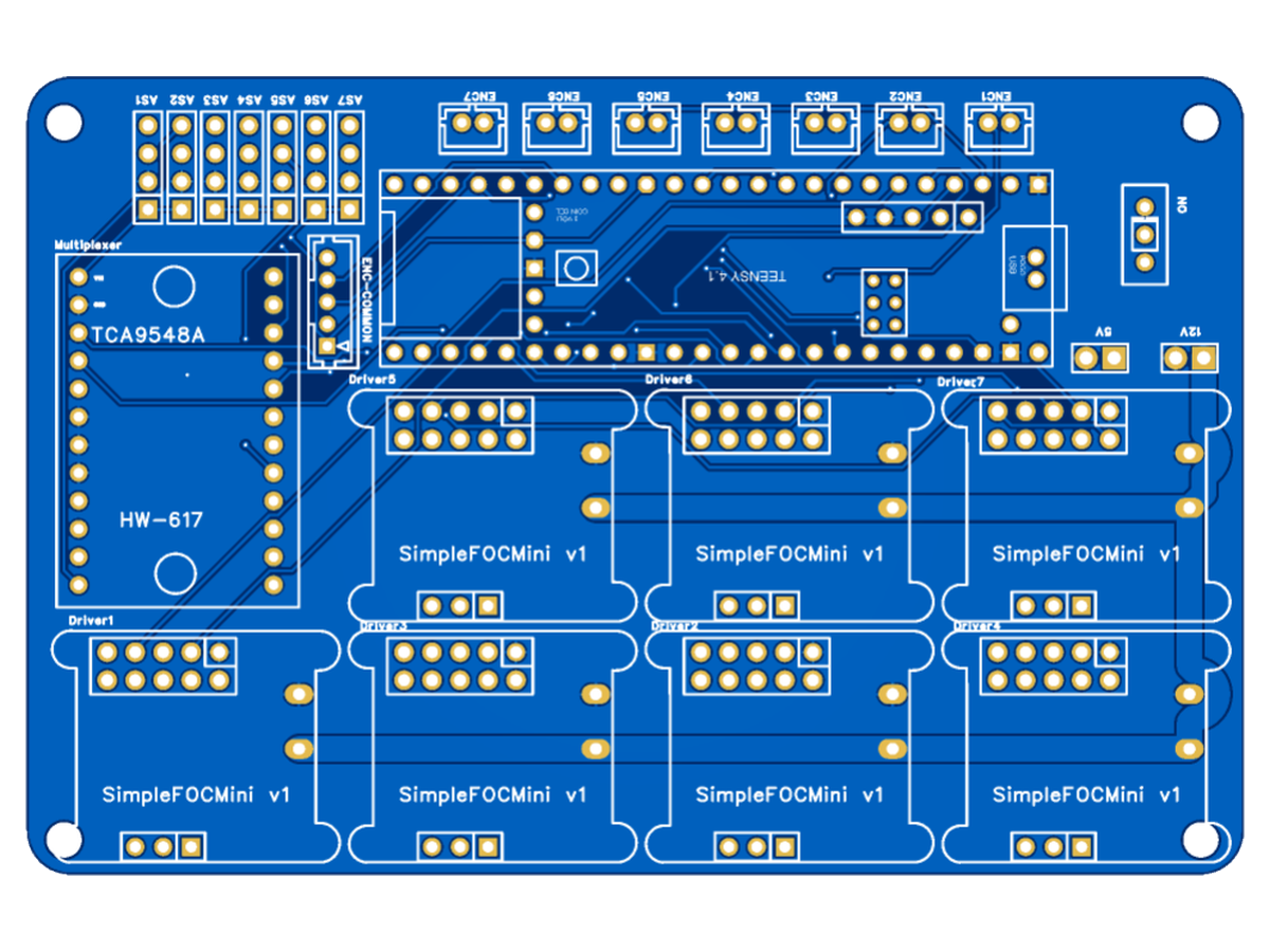 Layout of the controller board, showing seven SimpleFOCMini driver slots, seven encoder connectors, a Teensy 4.1 footprint and a TCA9548A multiplexer