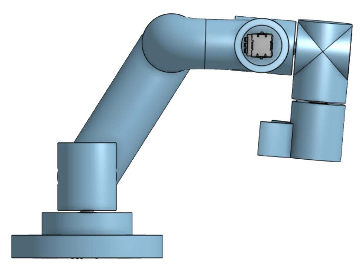 First CAD revision of the master arm: smooth tubular links and a plain stacked base, with no hardware modelled
