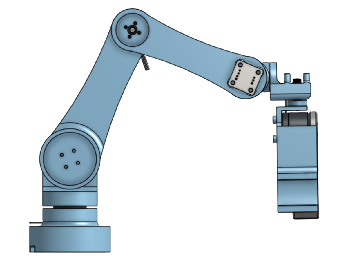 Second CAD revision: machined flat links, closed joint housings and a blank placeholder board on the forearm