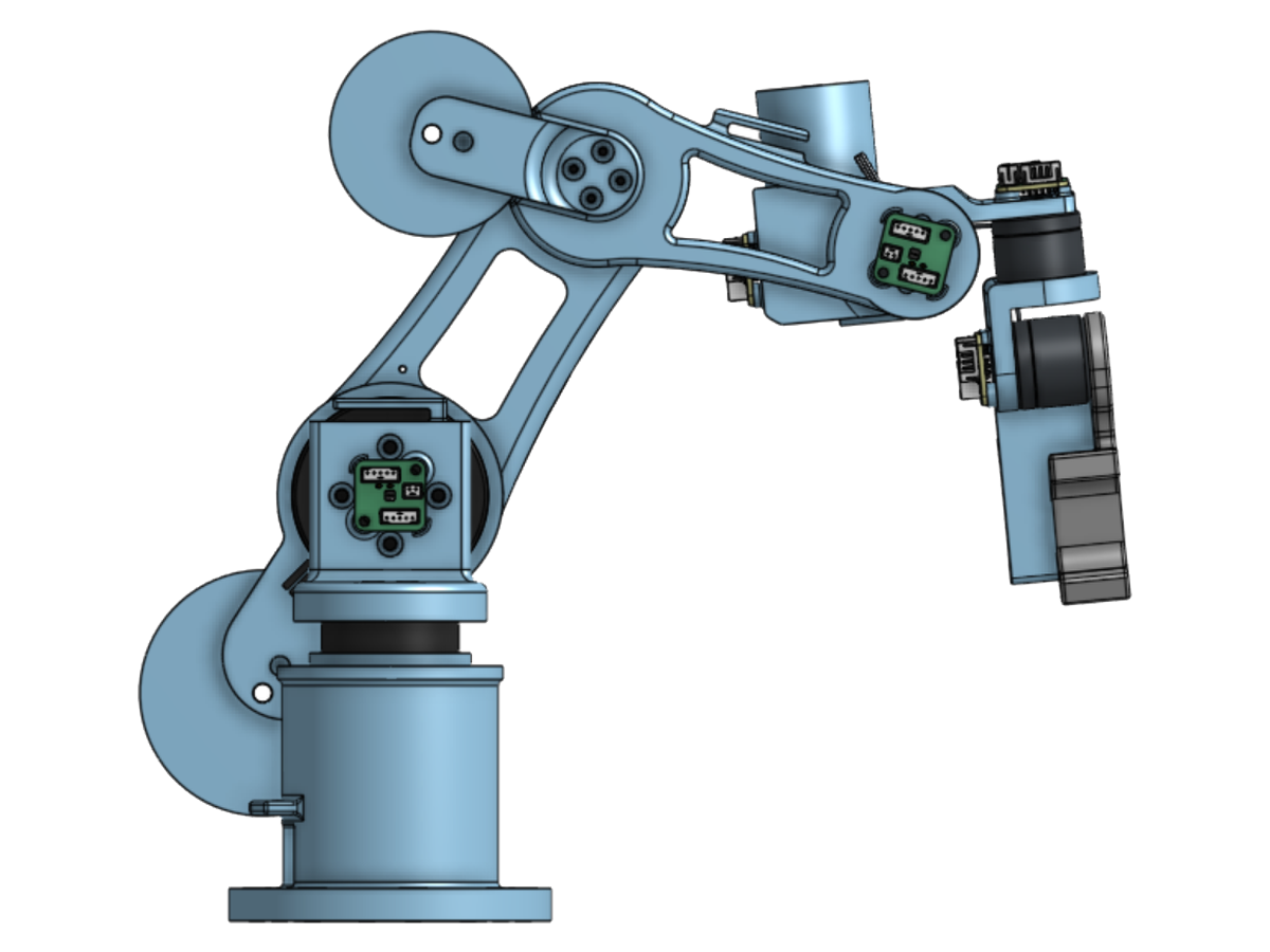 Third CAD revision: links with lightening pockets cut through them, motors, green encoder boards and connectors modelled in place